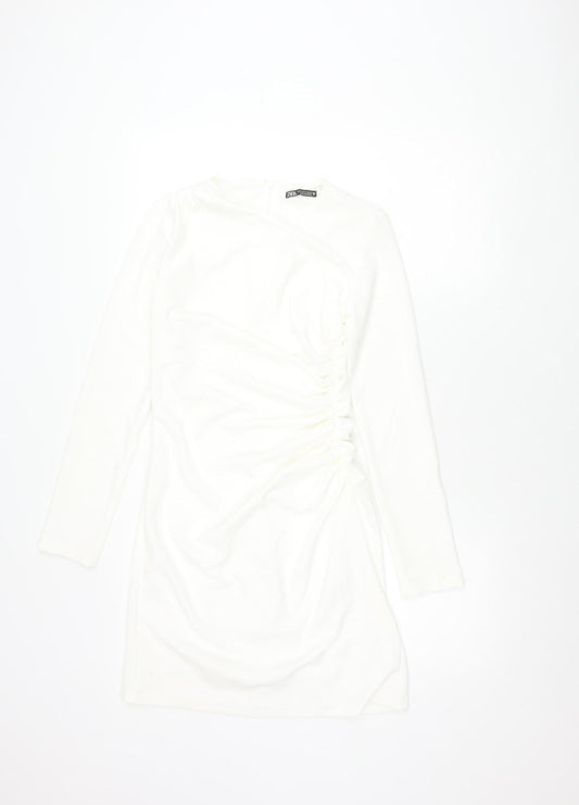 Zara Women White Bodycon Mini Dress Size 12 Ruched Long Sleeve Party