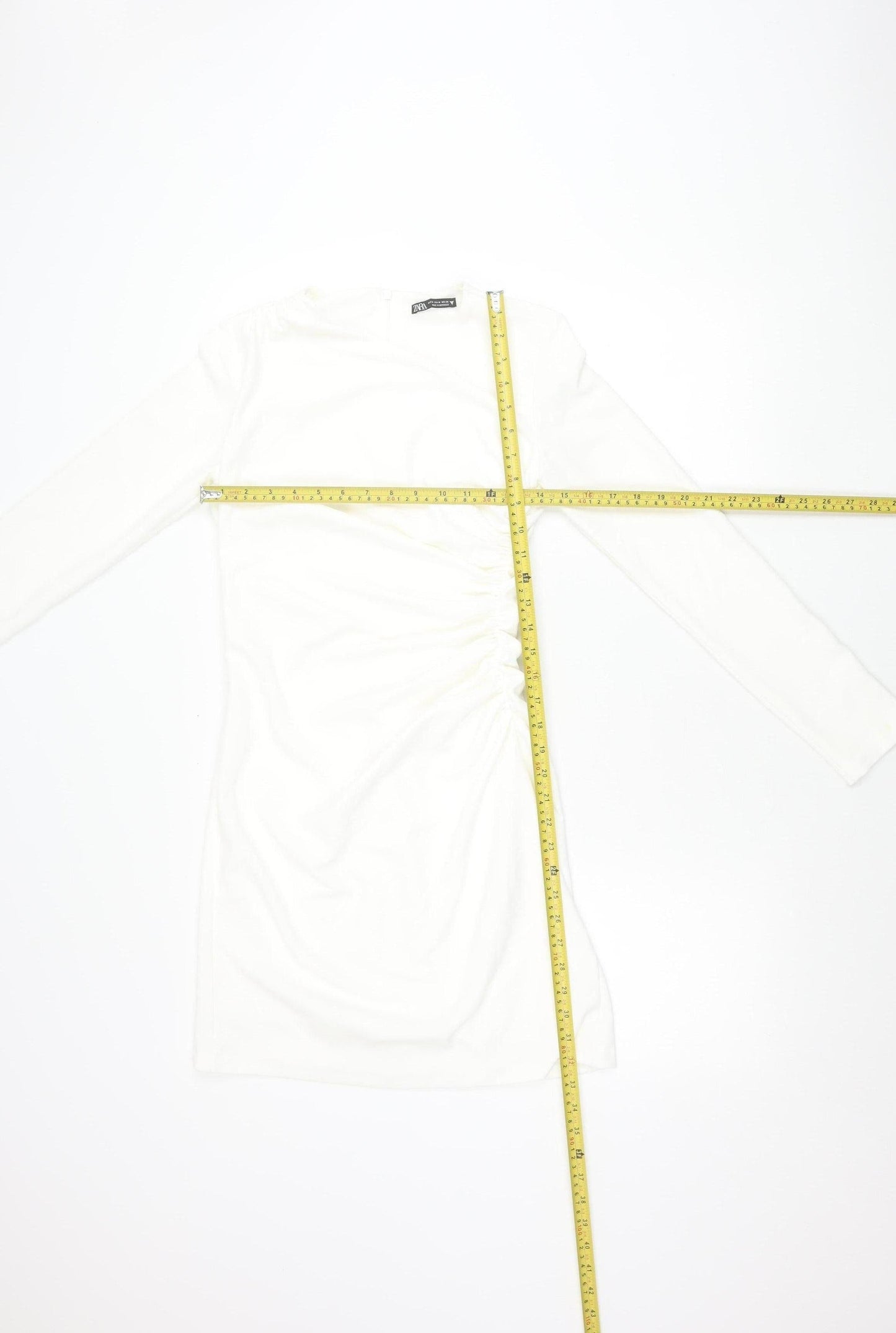Zara Women White Bodycon Mini Dress Size 12 Ruched Long Sleeve Party