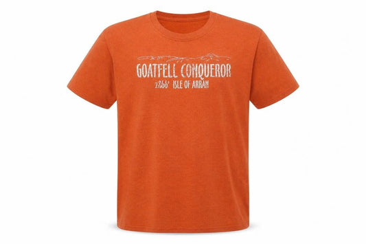 Gildan Men’s Orange Graphic T-Shirt L Goatfell Conqueror Isle of Arran