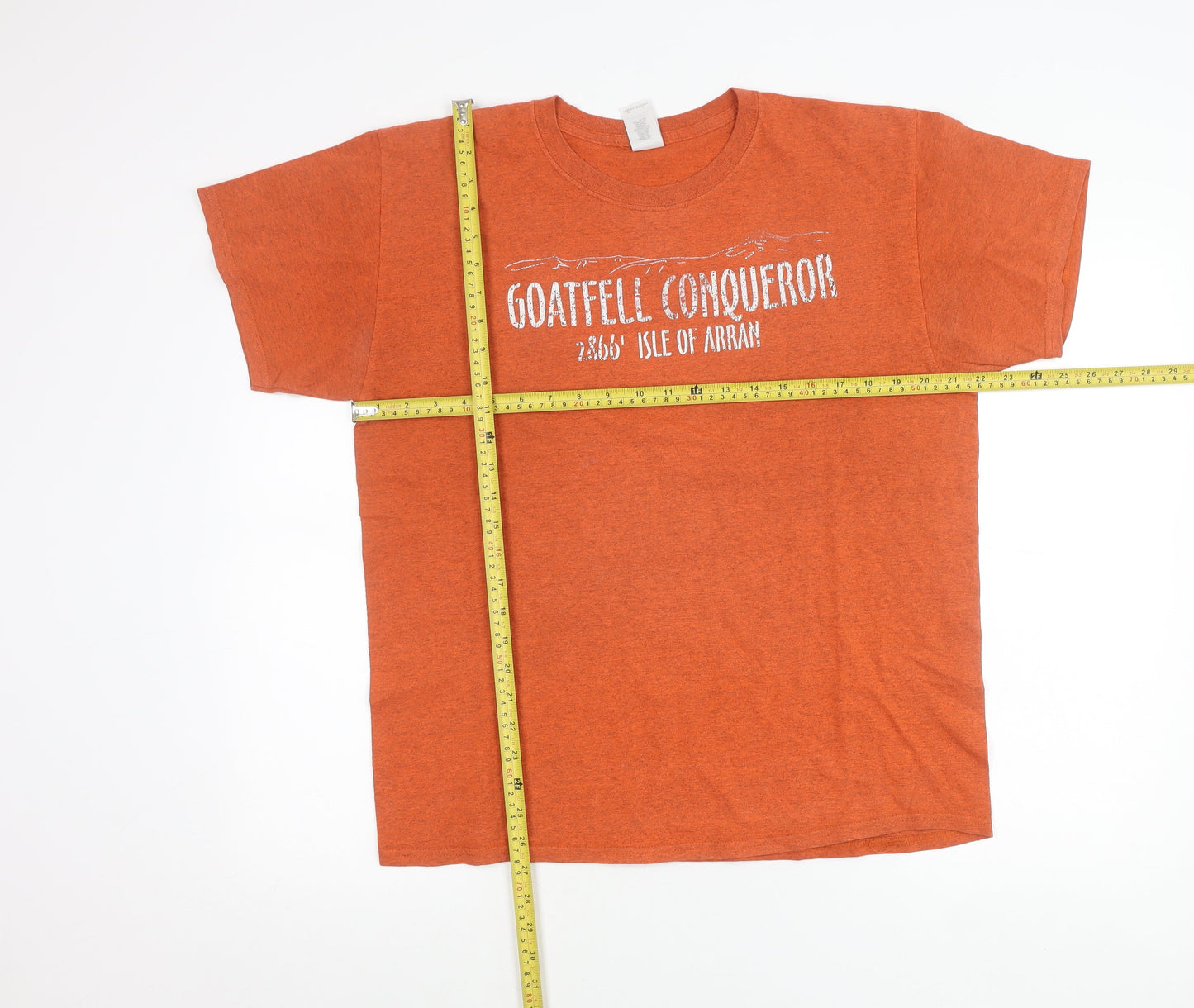 Gildan Men’s Orange Graphic T-Shirt L Goatfell Conqueror Isle of Arran