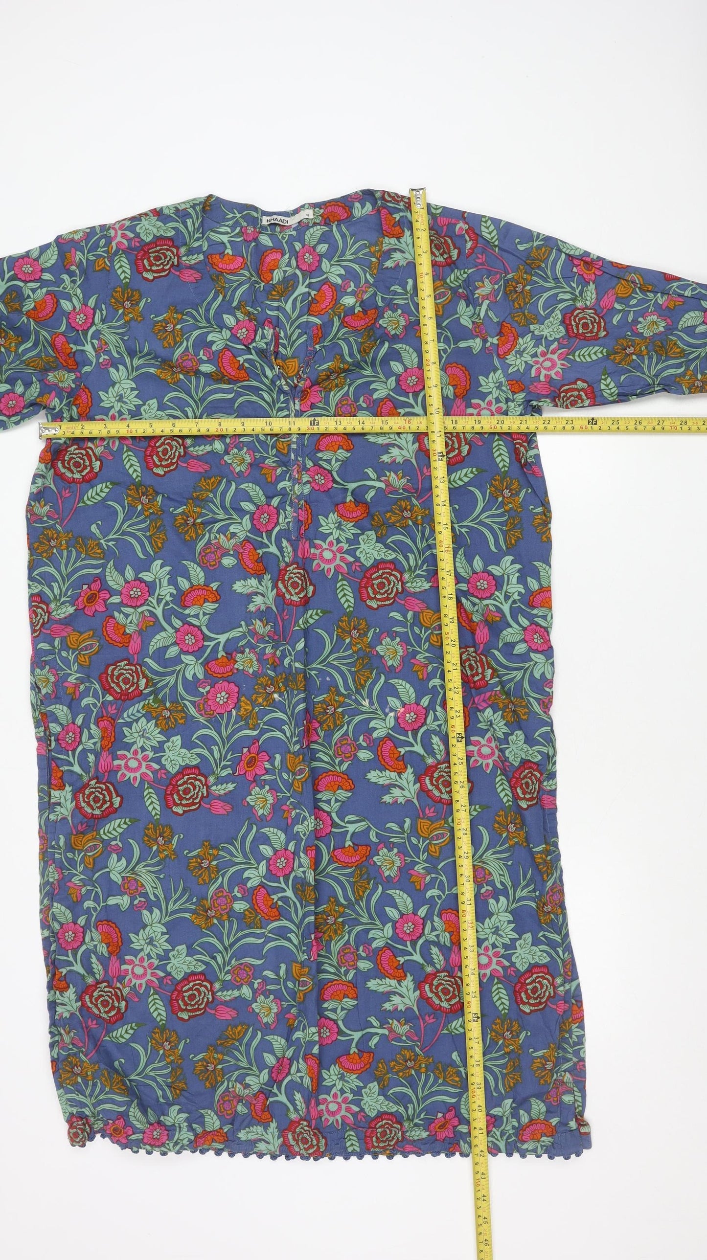 Khaadi Women’s Blue Floral Cotton Shift Dress Size 16 Long Sleeve