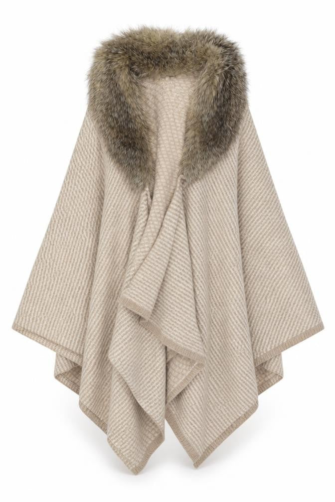 Alice Hannah Women Beige Wool Blend Cape with Faux Fur Collar Size M