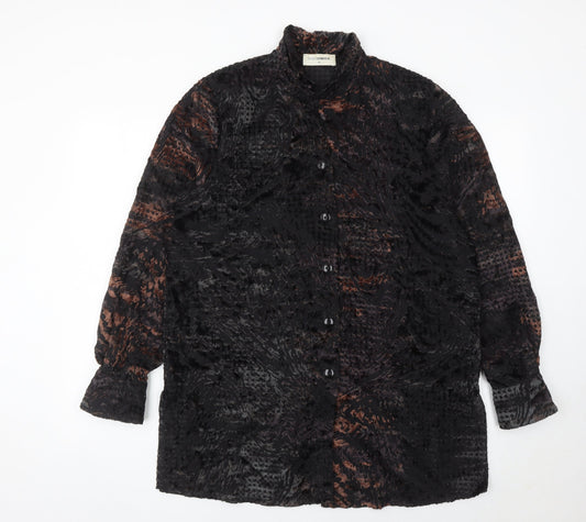 Doris Streich Womens Black 14 Button-Up Velvet Animal Print Blouse Top