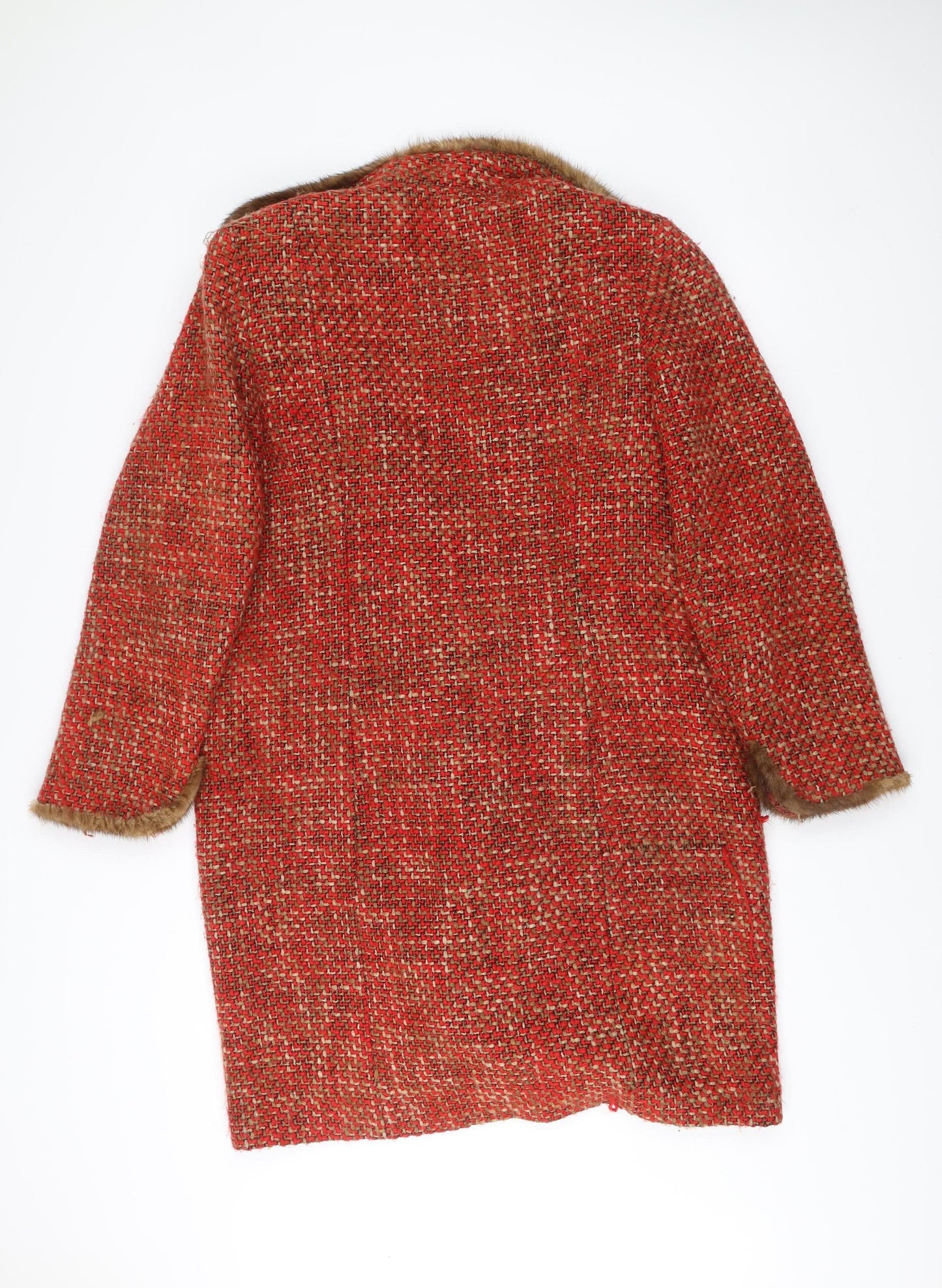 Jobis Womens Red Wool Blend Fur Trim Check Mid-Length Overcoat Size 14