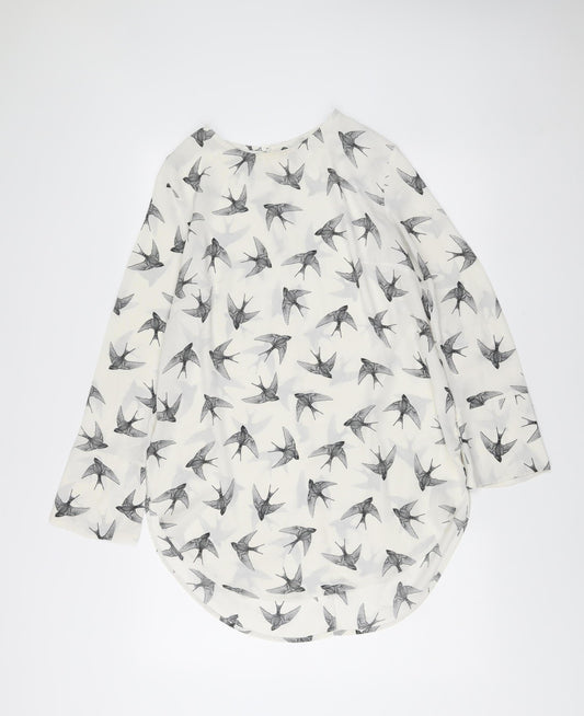 H&M Womens White Bird Print Shift Dress Size 10 Long Sleeve