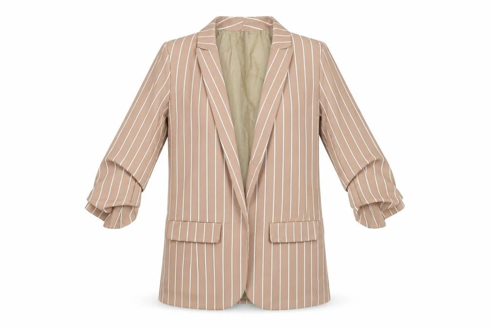 Women’s Beige Striped Blazer Jacket Size S Polyester Elastane Work Casual