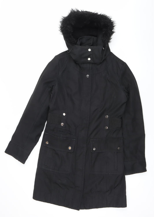 Principles Women’s Black Parka Coat Size 8 Faux Fur Hood Winter Jacket