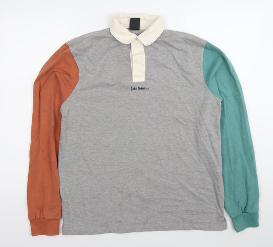 Lets Trans Mens Grey Colourblock Long Sleeve Polo Shirt Size S