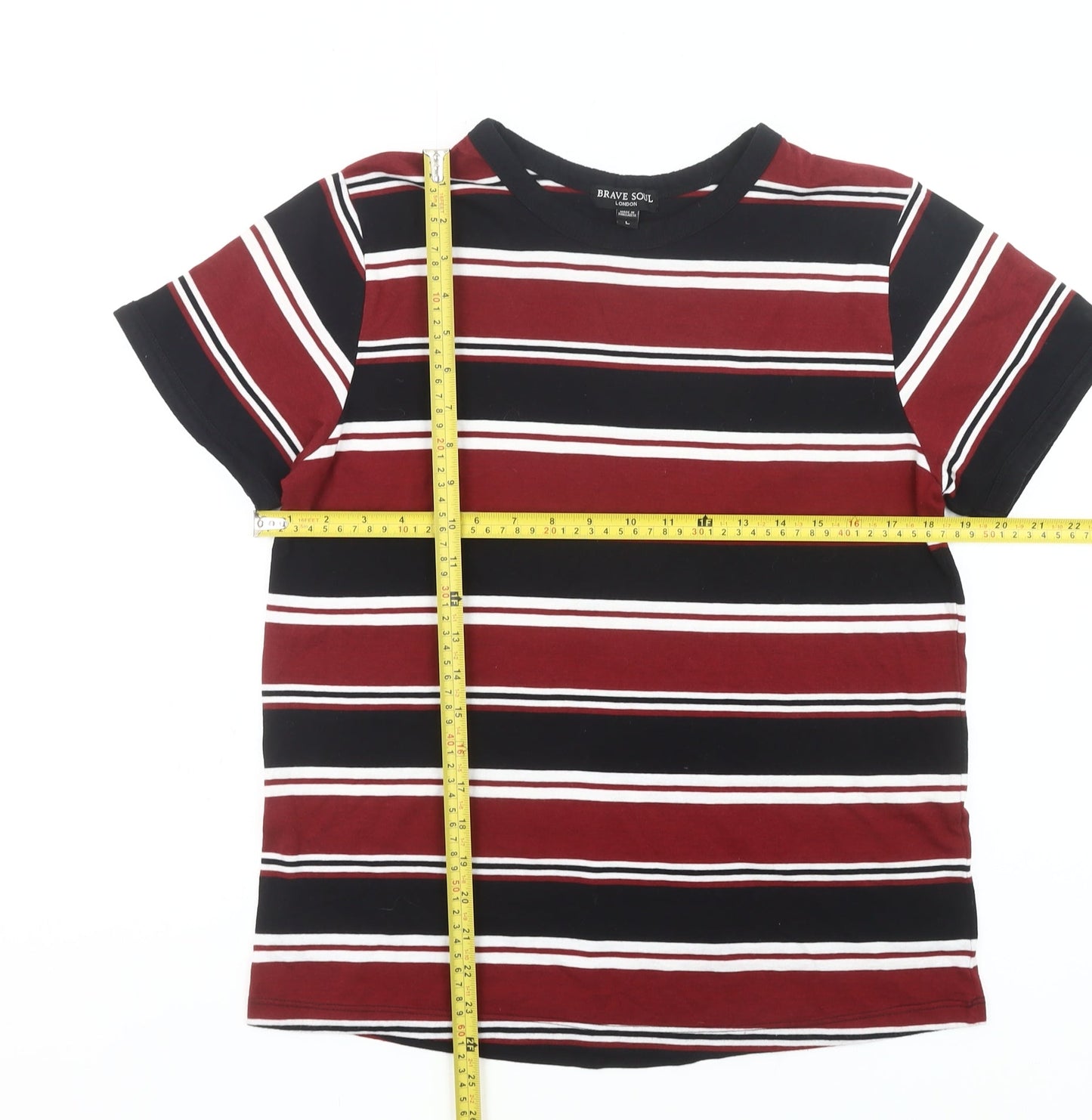 Brave Soul Men’s Multicoloured Striped Crew Neck Cotton T-Shirt L Regular Fit