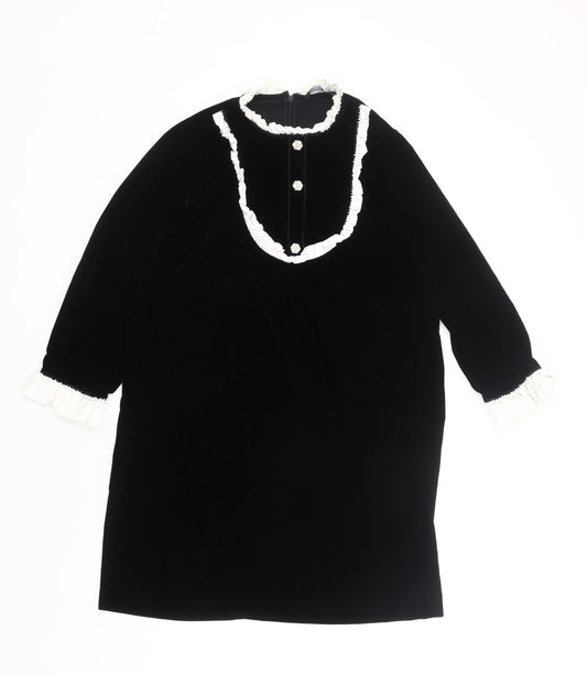 Zara Women Black Velvet Shift Dress Size 12 Ruffle Long Sleeve
