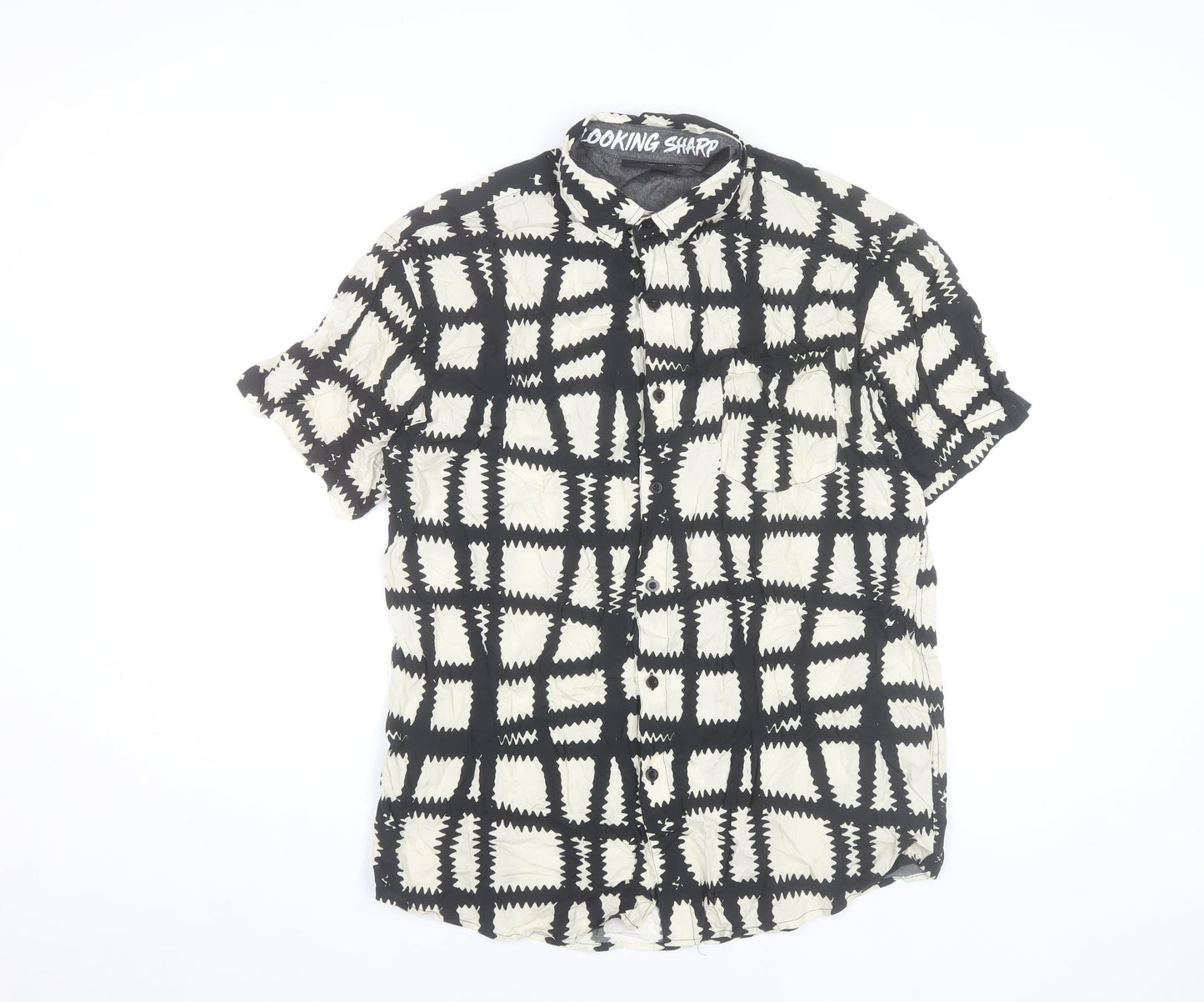 Fearless Illustration Men’s L Black White Geometric Viscose Shirt