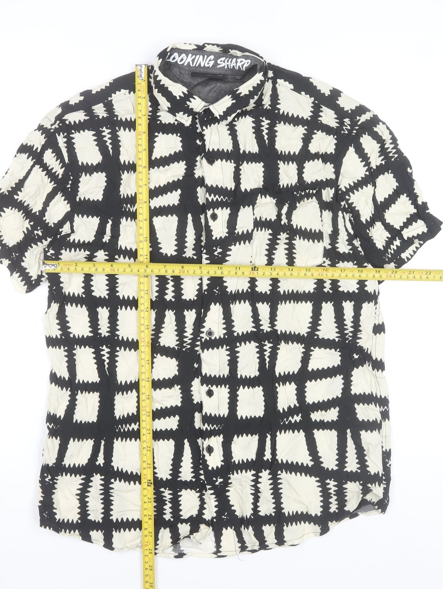 Fearless Illustration Men’s L Black White Geometric Viscose Shirt