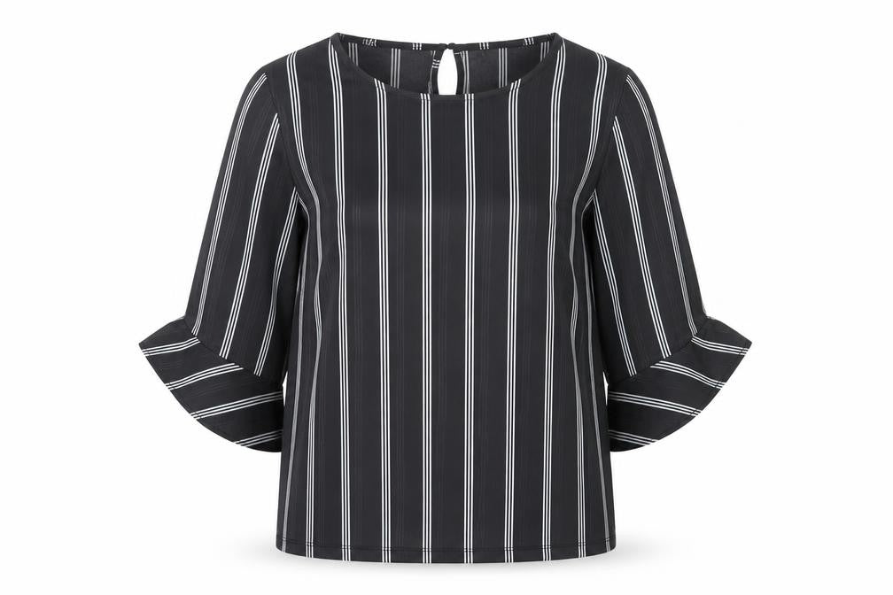 Af-Ideal Women’s Black Striped Blouse L 3/4 Flared Sleeve Tunic Top