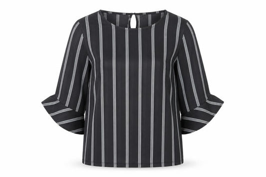 Af-Ideal Women’s Black Striped Blouse L 3/4 Flared Sleeve Tunic Top