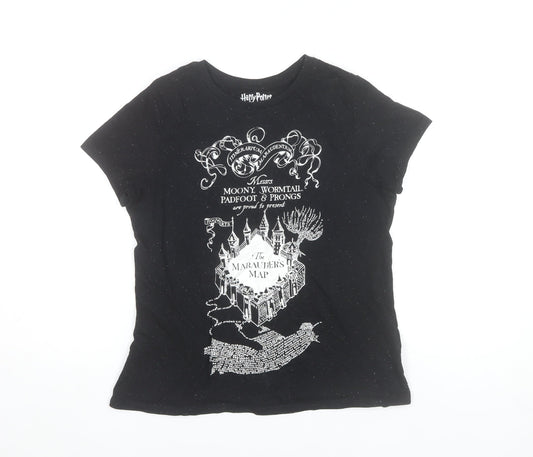 Harry Potter Women’s Black XS T-Shirt Marauder’s Map Casual Top