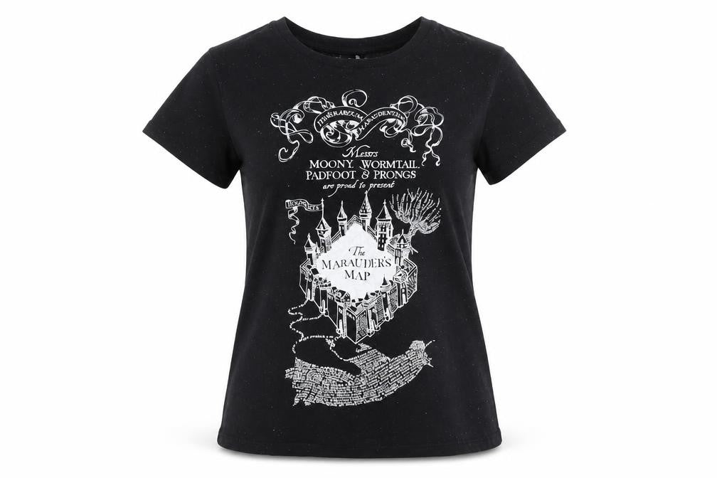 Harry Potter Women’s Black XS T-Shirt Marauder’s Map Casual Top
