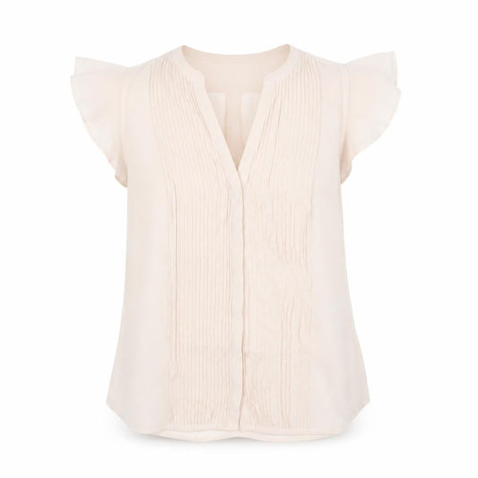 H&M Women’s Beige Pleated V-Neck Tunic Blouse Size 8 Flutter Sleeve