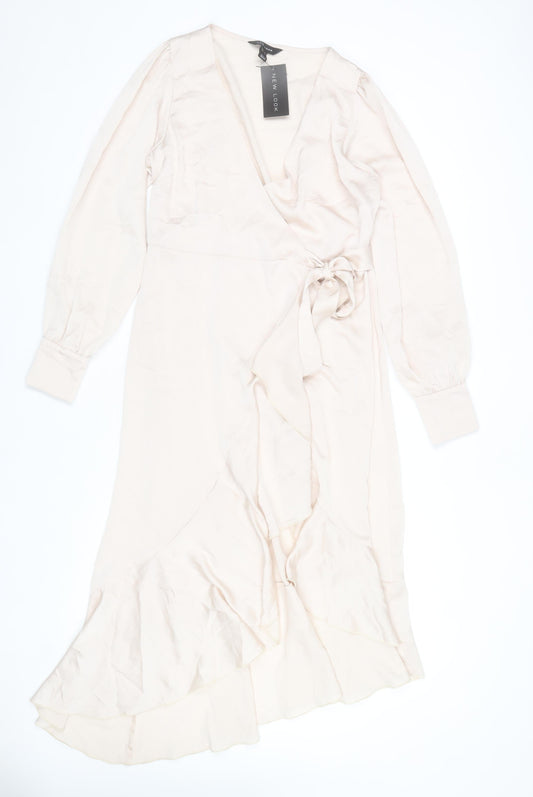 New Look Women Beige Wrap Midi Dress Size 10 Long Sleeve Ruffle