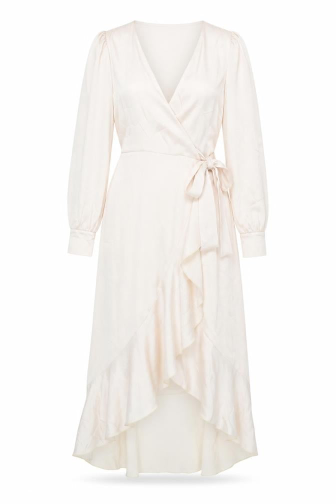New Look Women Beige Wrap Midi Dress Size 10 Long Sleeve Ruffle