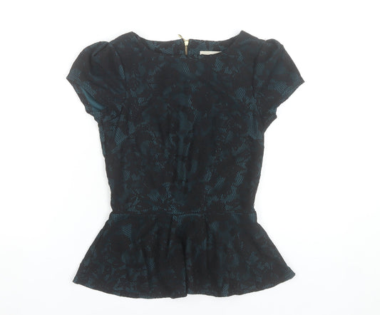 Almari Women’s Blue Floral Jacquard Peplum Blouse Size 8