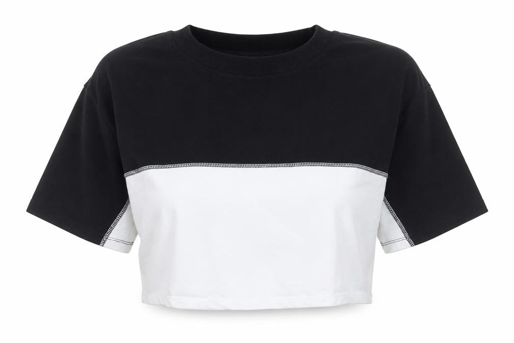 Front view of ASOS Women’s Black White Colourblock Cropped T-Shirt UK 16