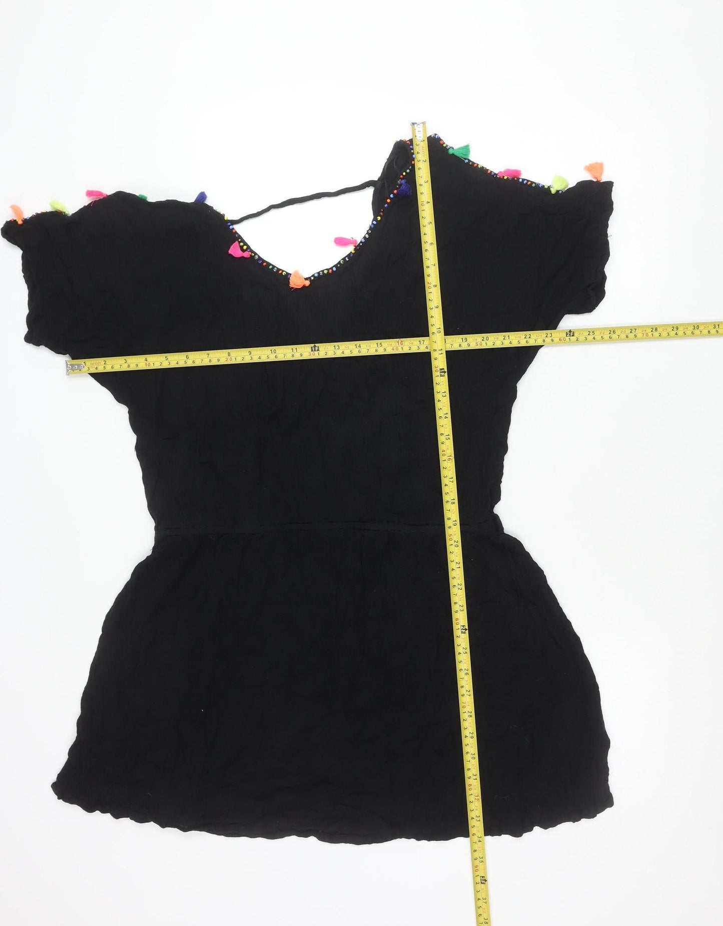 Papaya Women’s Black L Kaftan Dress Beaded Tassel Lightweight Viscose