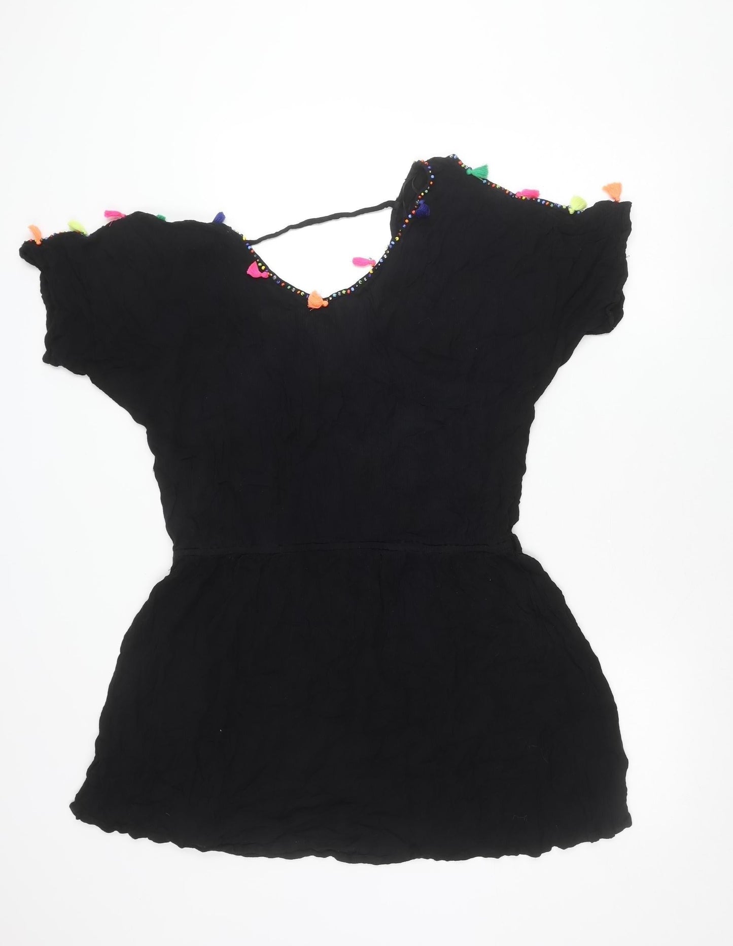 Papaya Women’s Black L Kaftan Dress Beaded Tassel Lightweight Viscose