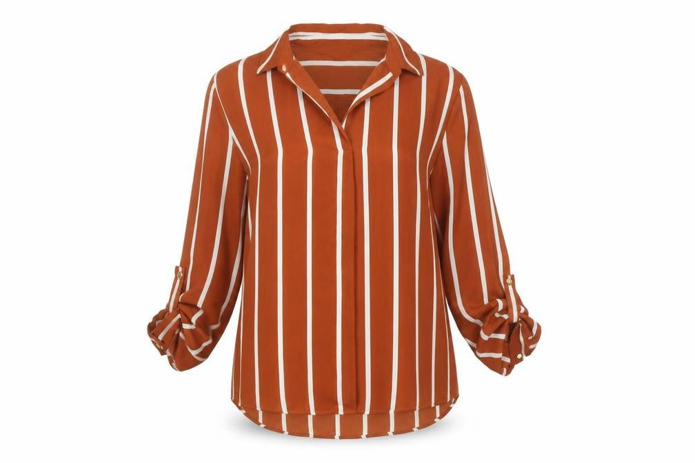 Primark Women Brown Striped Button-Up Shirt Size 10 Long Sleeve