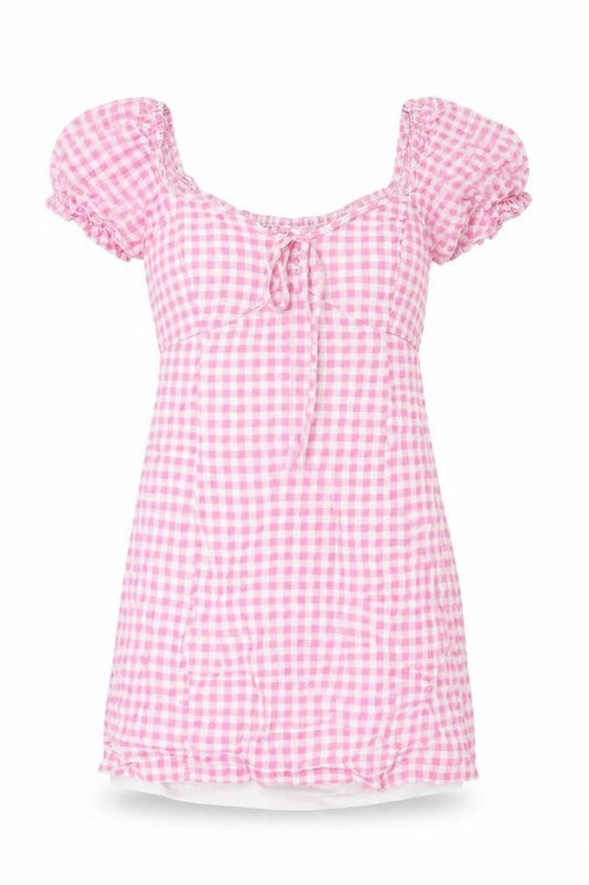 Mystic Threads Women Pink Check Skater Dress Size S Puff Sleeve
