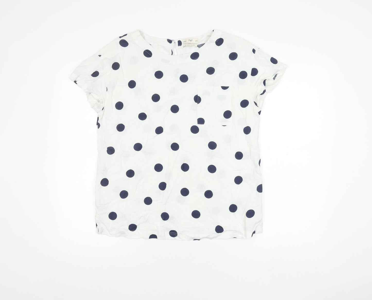 F&F Women’s White Polka Dot Linen Blend Short Sleeve Blouse UK 10