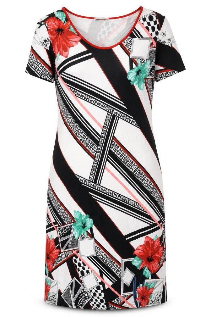 Dina Women’s Black White Red Green Floral Geometric Shift Dress Size 4