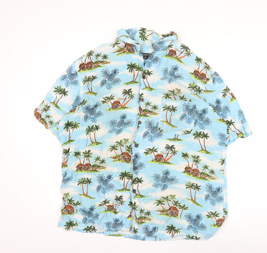 George Men's Blue Hawaiian Short Sleeve Button-Up Shirt L 42-44