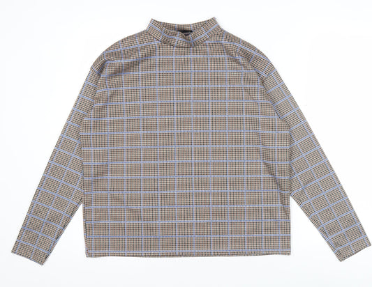 Pull&Bear Women’s Brown Check Mock Neck Long Sleeve Blouse M