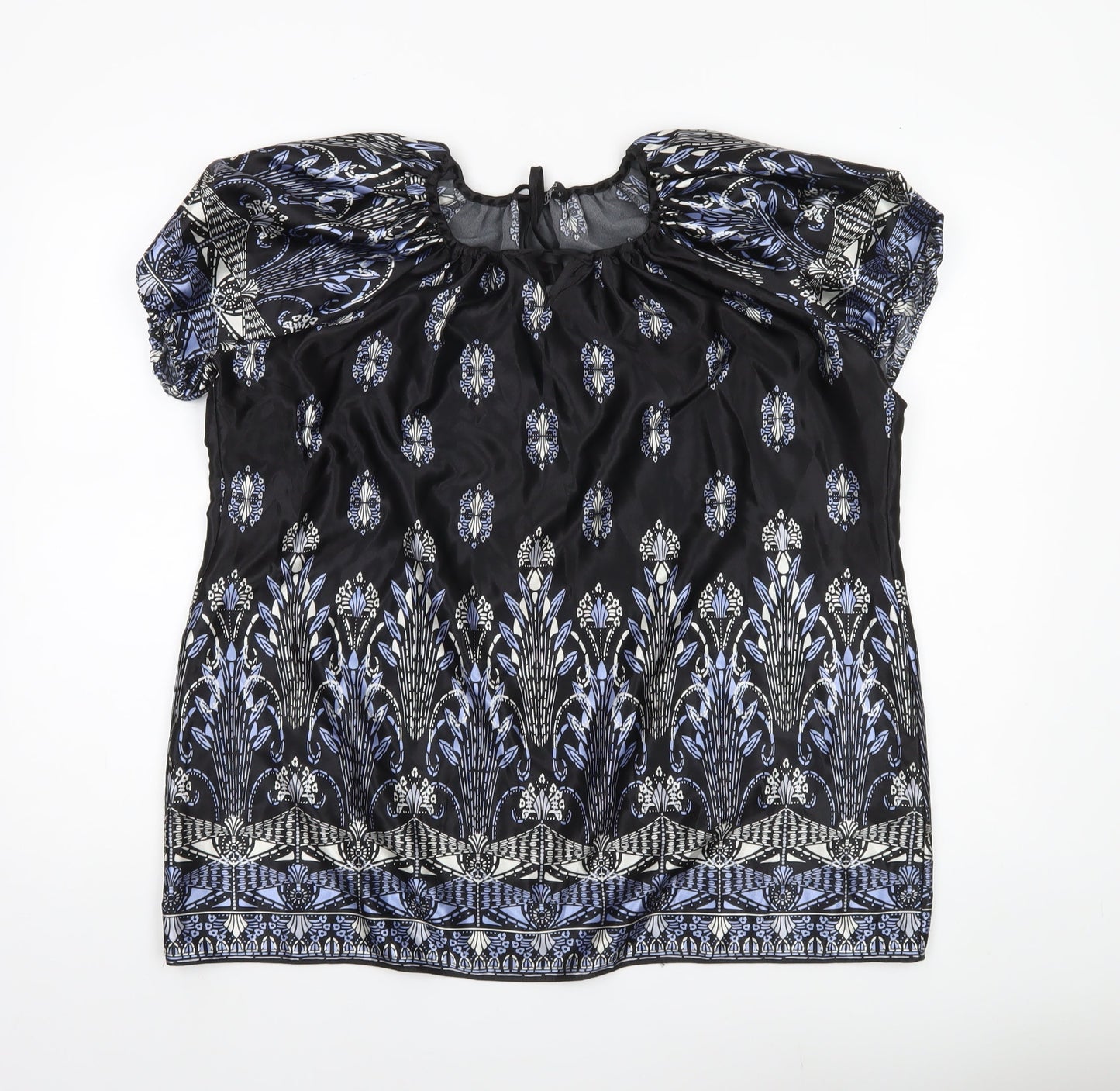 Bm Womens Black Floral Satin Tunic Blouse Size 18 Puff Sleeve
