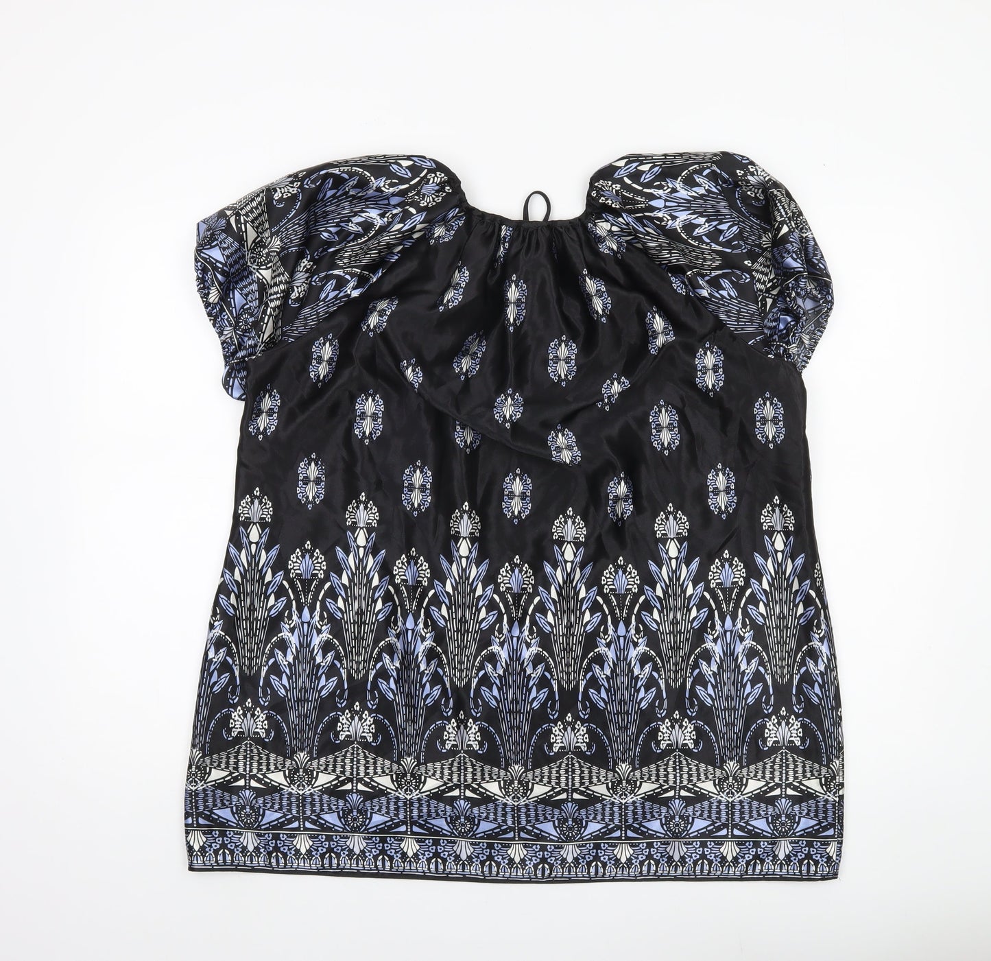 Bm Womens Black Floral Satin Tunic Blouse Size 18 Puff Sleeve