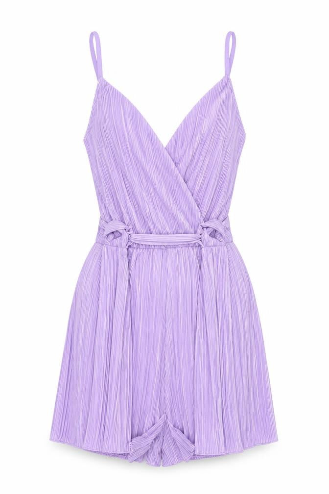 Quiz Women Purple Size 8 Pleated Playsuit V-Neck Belted Summer