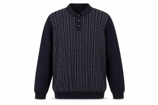 Front view of Easy Men's XL Blue Collared Henley Jumper Long Sleeve Knit