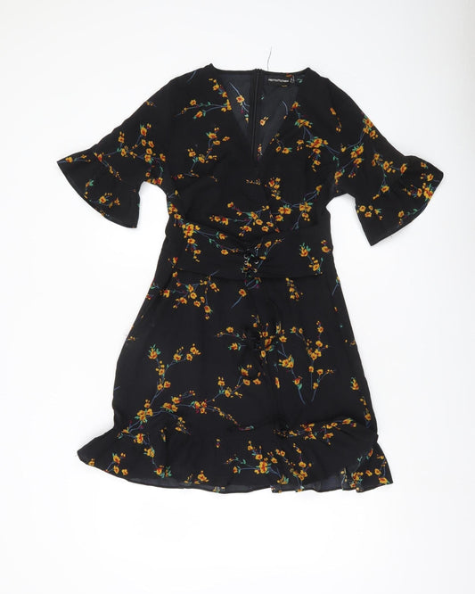 PrettyLittleThing Women’s Black Floral Wrap Dress Size 10 V-Neck Ruffle
