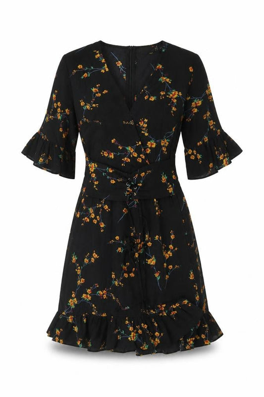 PRETTYLITTLETHING Women’s Black Floral Wrap Dress Size 10 V-Neck Ruffle