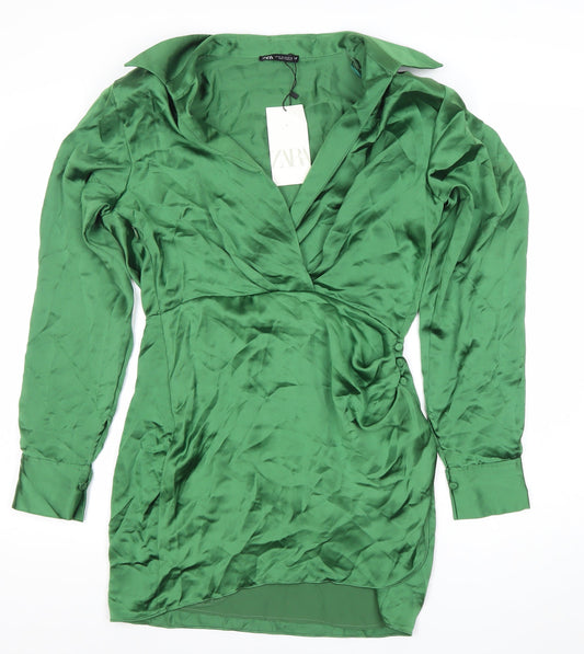 Zara Women Green Satin Wrap Mini Dress Size 12 Collared Long Sleeve Party