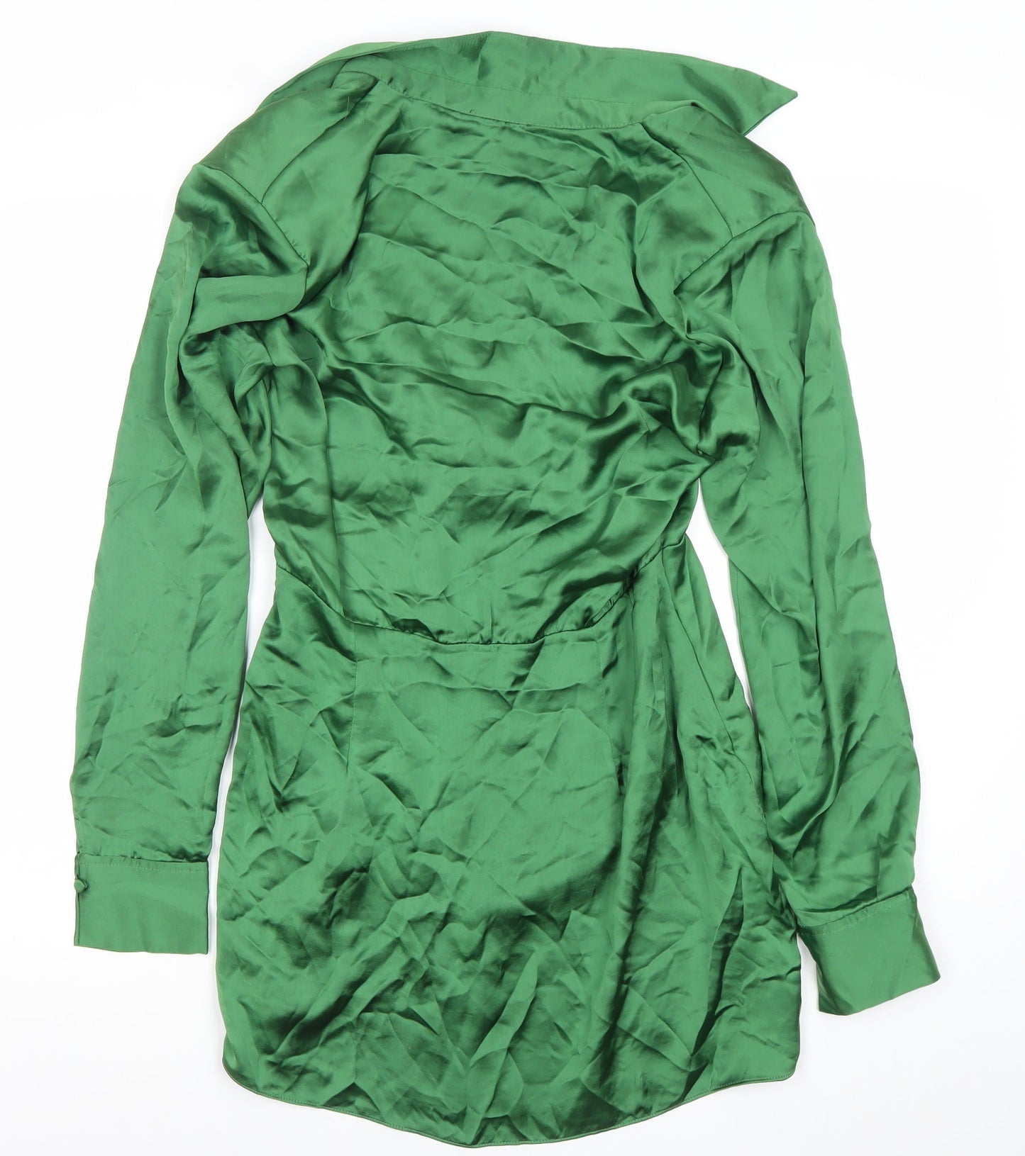 Zara Women Green Satin Wrap Mini Dress Size 12 Collared Long Sleeve Party