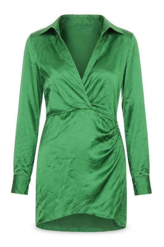 Zara Women’s Green Satin Wrap Mini Dress Size 8 Long Sleeve Party