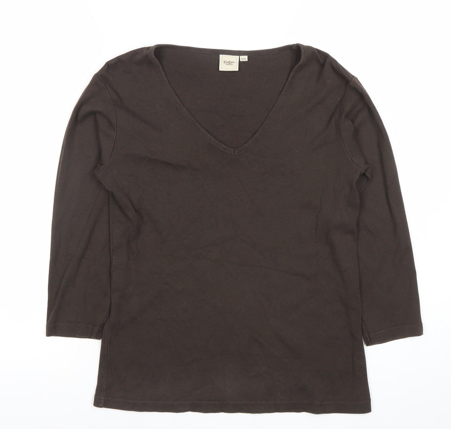 Cotton Traders Womens Brown V-Neck 3/4 Sleeve T-Shirt Size 12