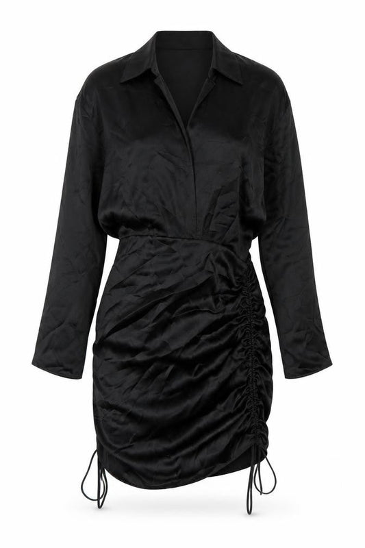 Zara Women Black Satin Shirt Dress Ruched Collared M Long Sleeve