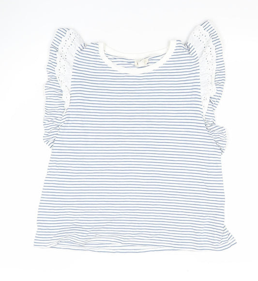 River Island Women White Blue Striped Ruffle Crochet T-Shirt Size 12