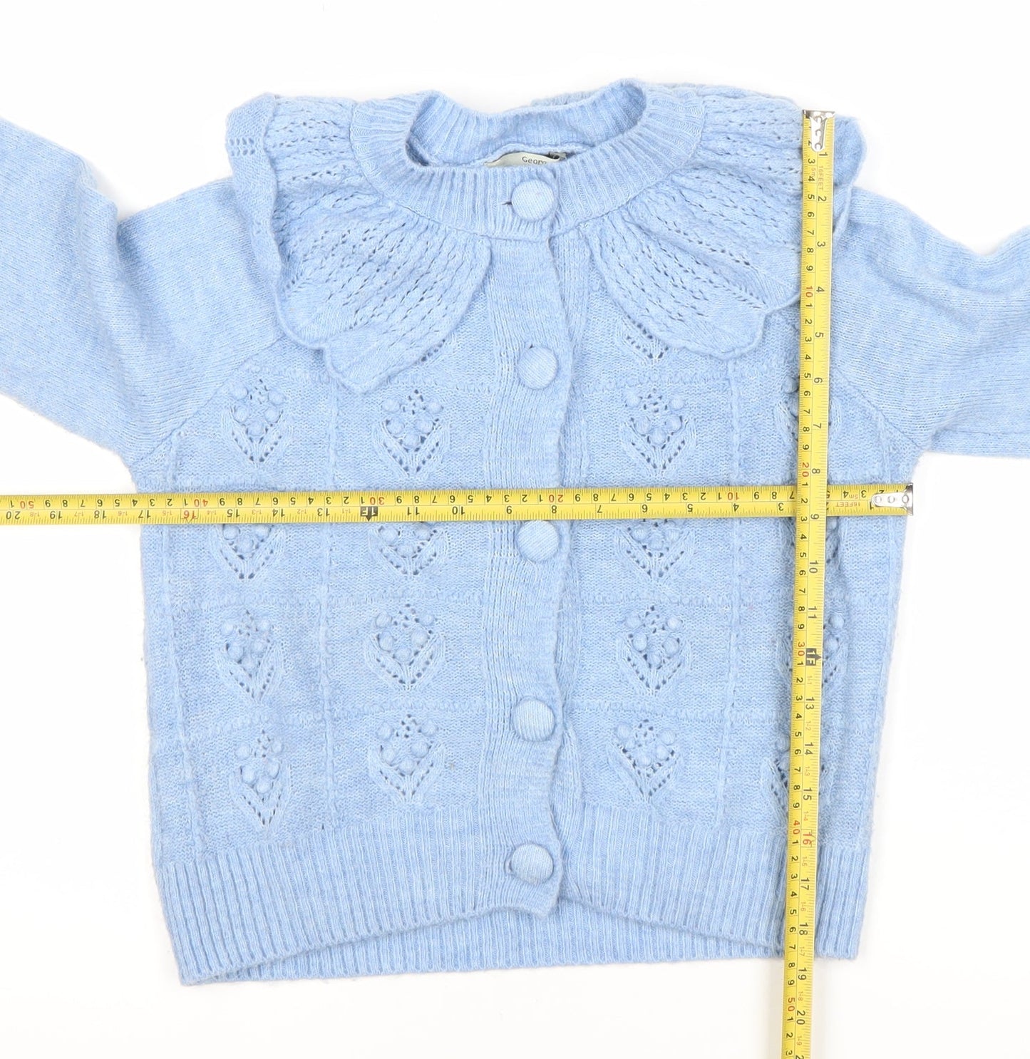 George Womens Blue Knit Ruffle Cardigan S Crew Neck Long Sleeve