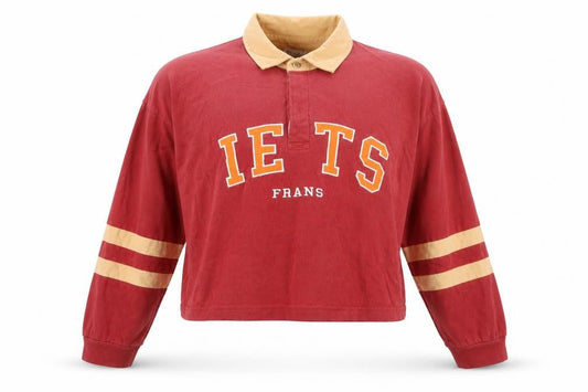 Front view of iets frans Women’s Red Cropped Polo Shirt, size S, Long Sleeve College Style