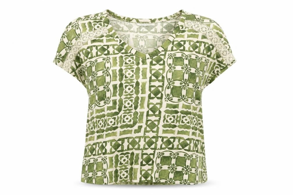 Next Women’s Green Geometric Cotton V-Neck T-Shirt UK 10