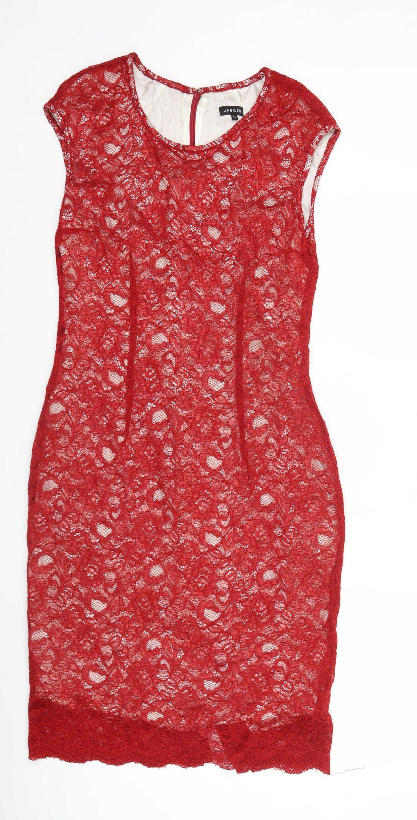 Jaeger Women Red Lace Sheath Dress Size 14 Knee Length Formal