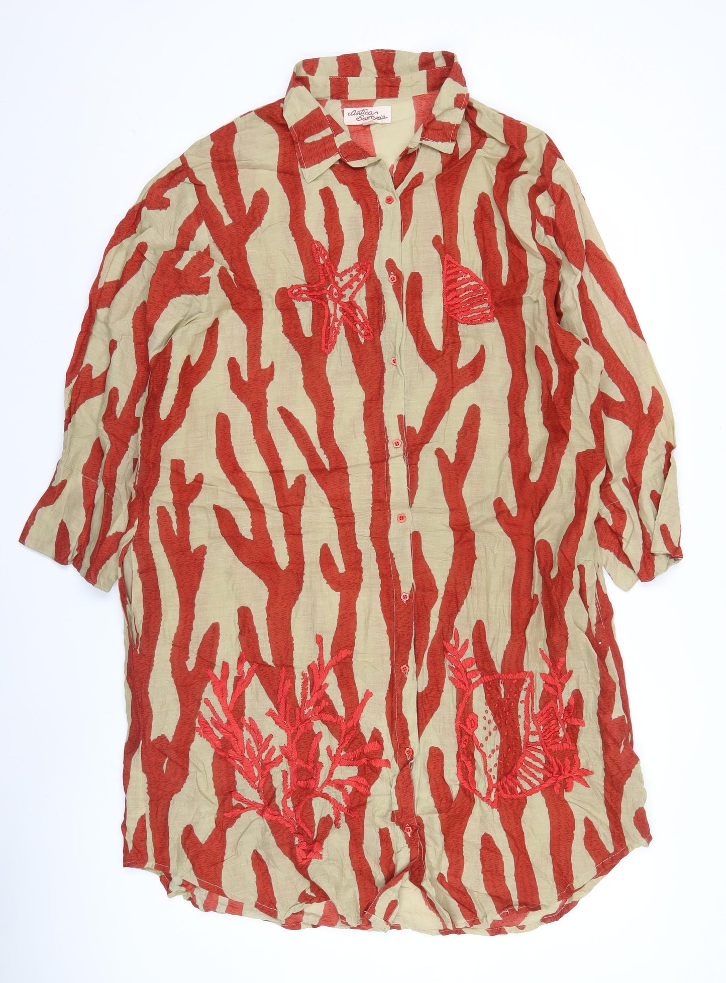 Antica Sartoria Women’s Beige Red Shirt Dress S Embroidered Cotton Casual